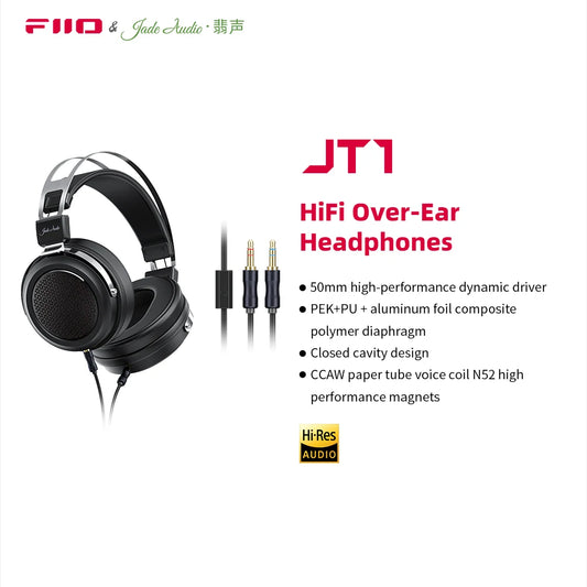FiiO/JadeAudio  JT1 Professional 3.5mm Studio Headphones for Recording Gaming with Microphone, 50mm Diaphragms driver,HiFi Sound